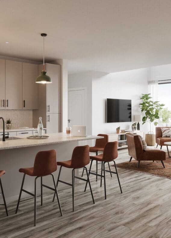 Representative rendering of kitchen and living areas at Rambler. Pictured here is The Oasis.