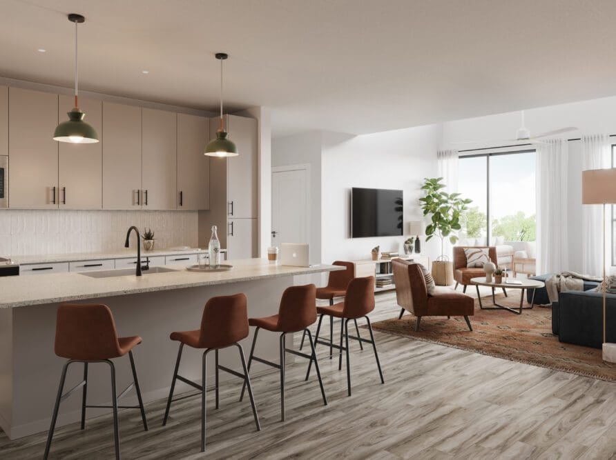 Representative rendering of kitchen and living areas at Rambler. Pictured here is The Oasis.