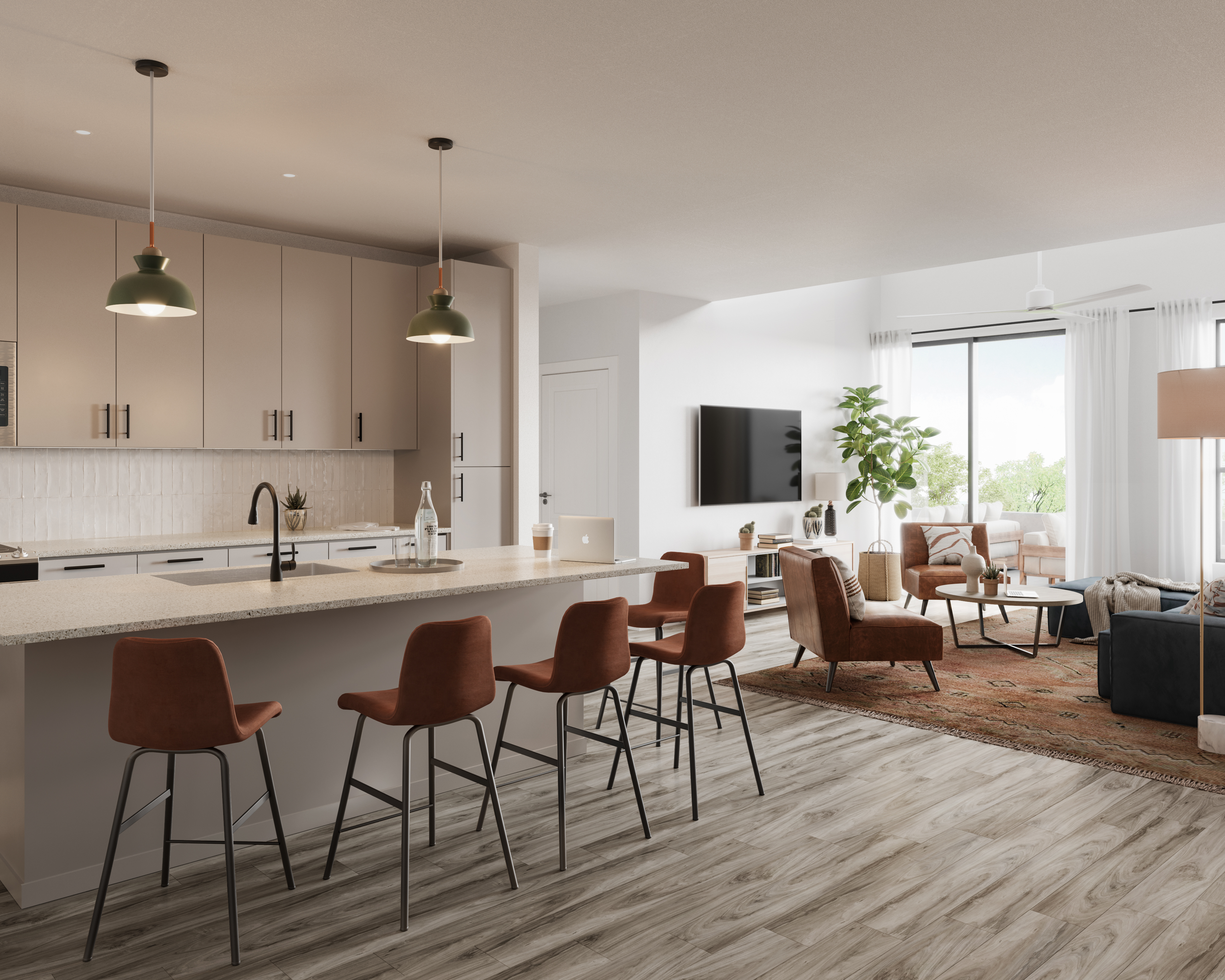 Representative rendering of kitchen and living areas at Rambler. Pictured here is The Oasis.