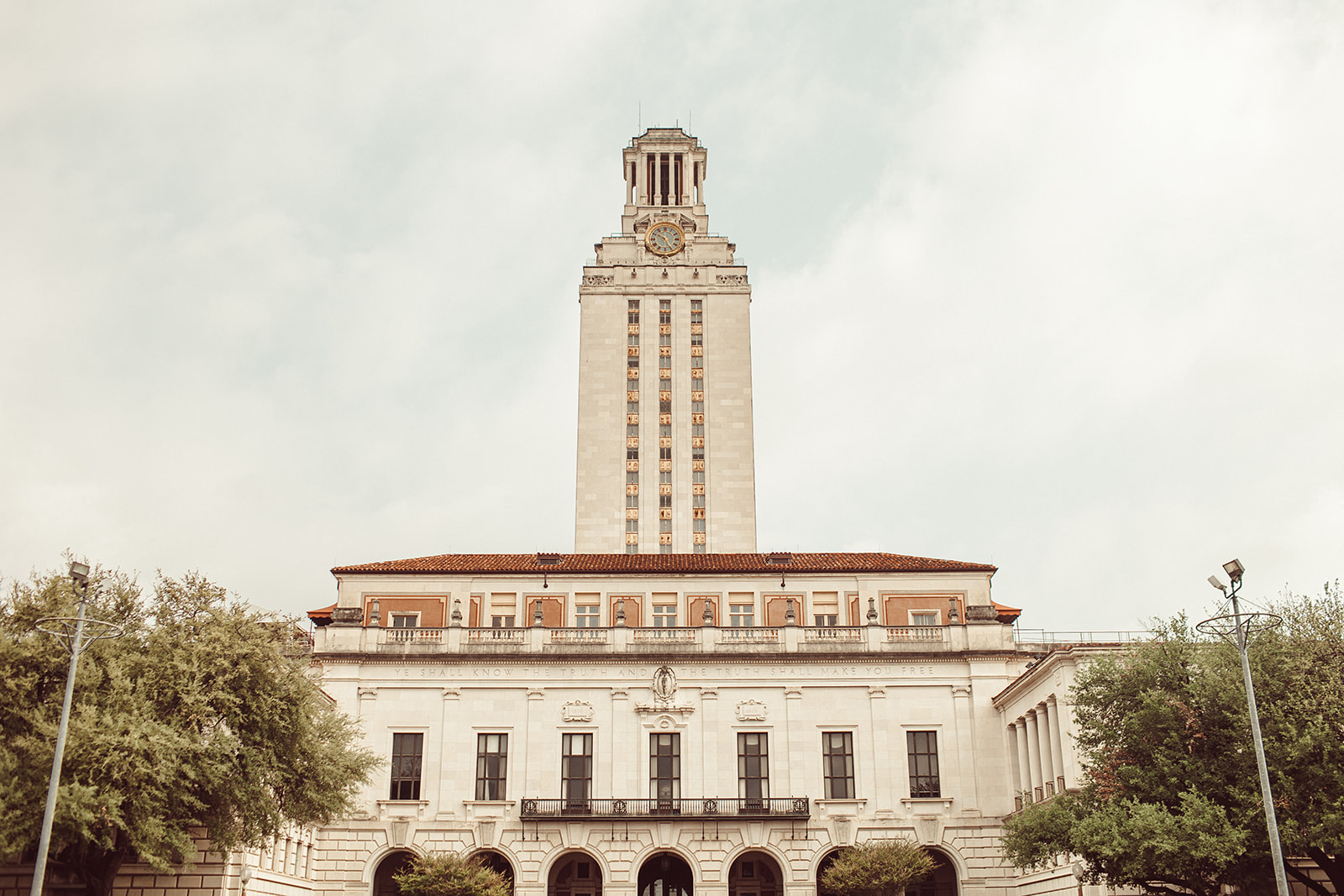 A North-facing view of the UT Austin Main Building and Tower