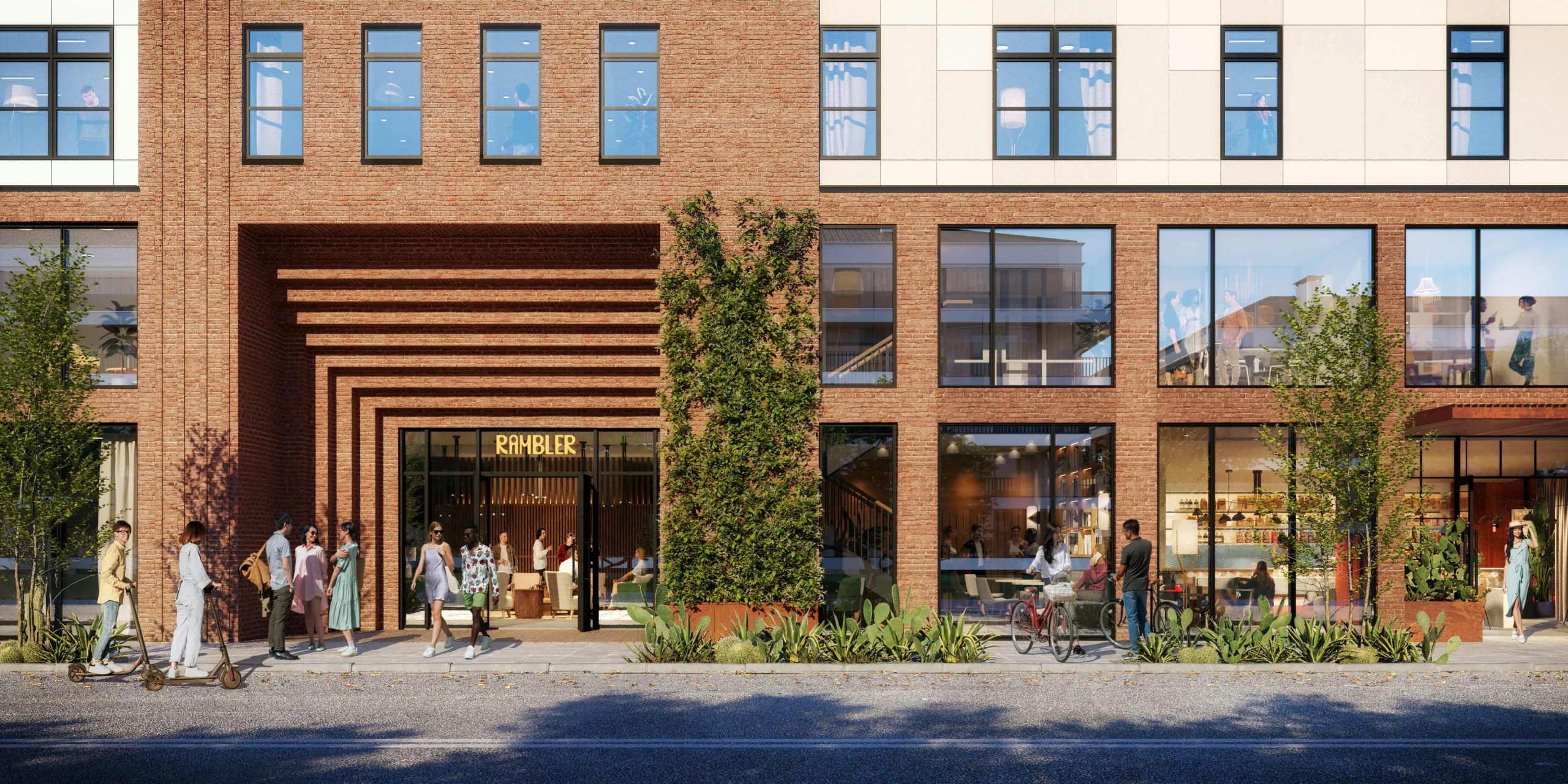 Rambler exterior, a student housing apartment complex in West Campus offering individual leases.