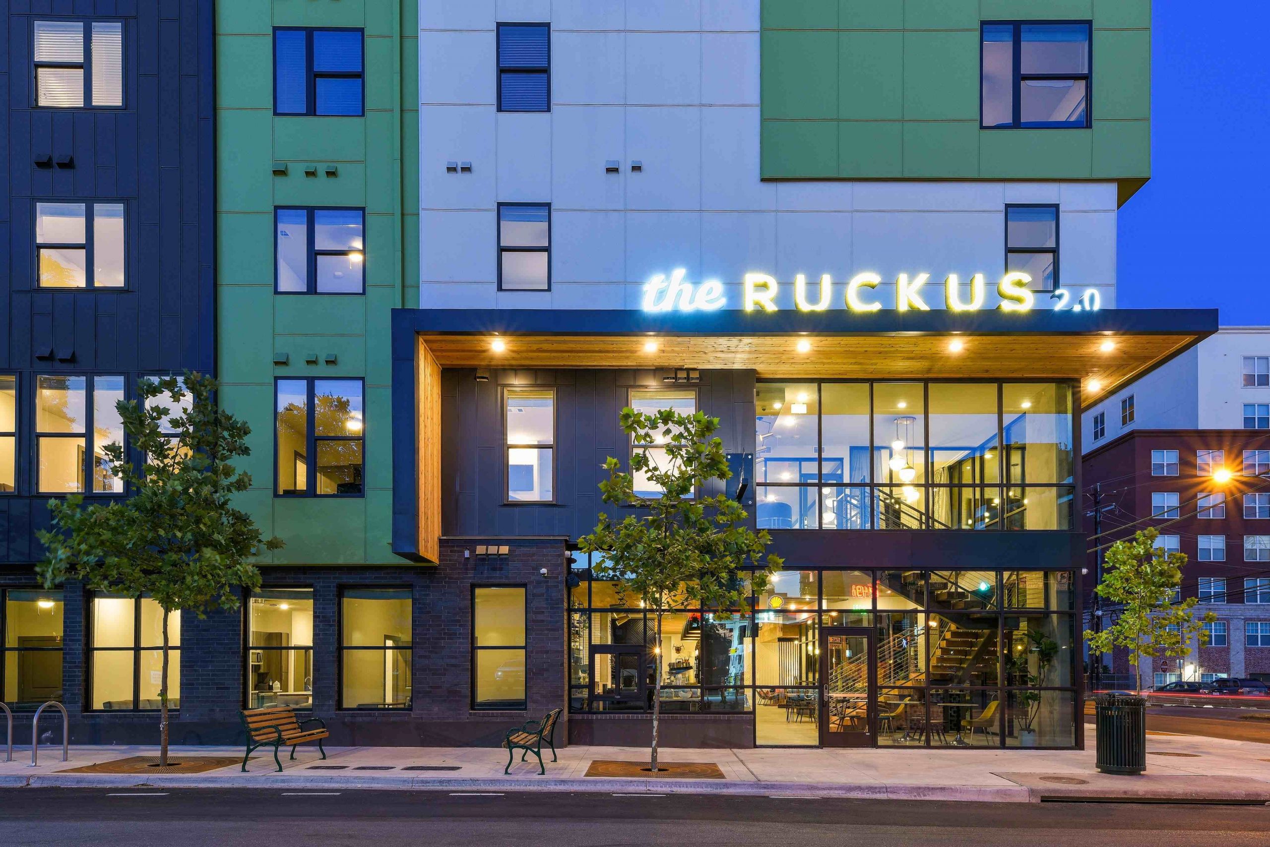 Exterior rendering of Ruckus 2.0, a student housing apartment in West Campus Austin.