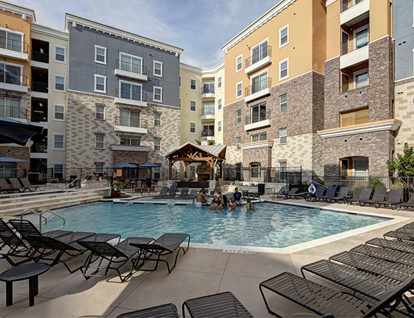 Pool at 26 West, a student housing apartment complex in West Campus Austin.