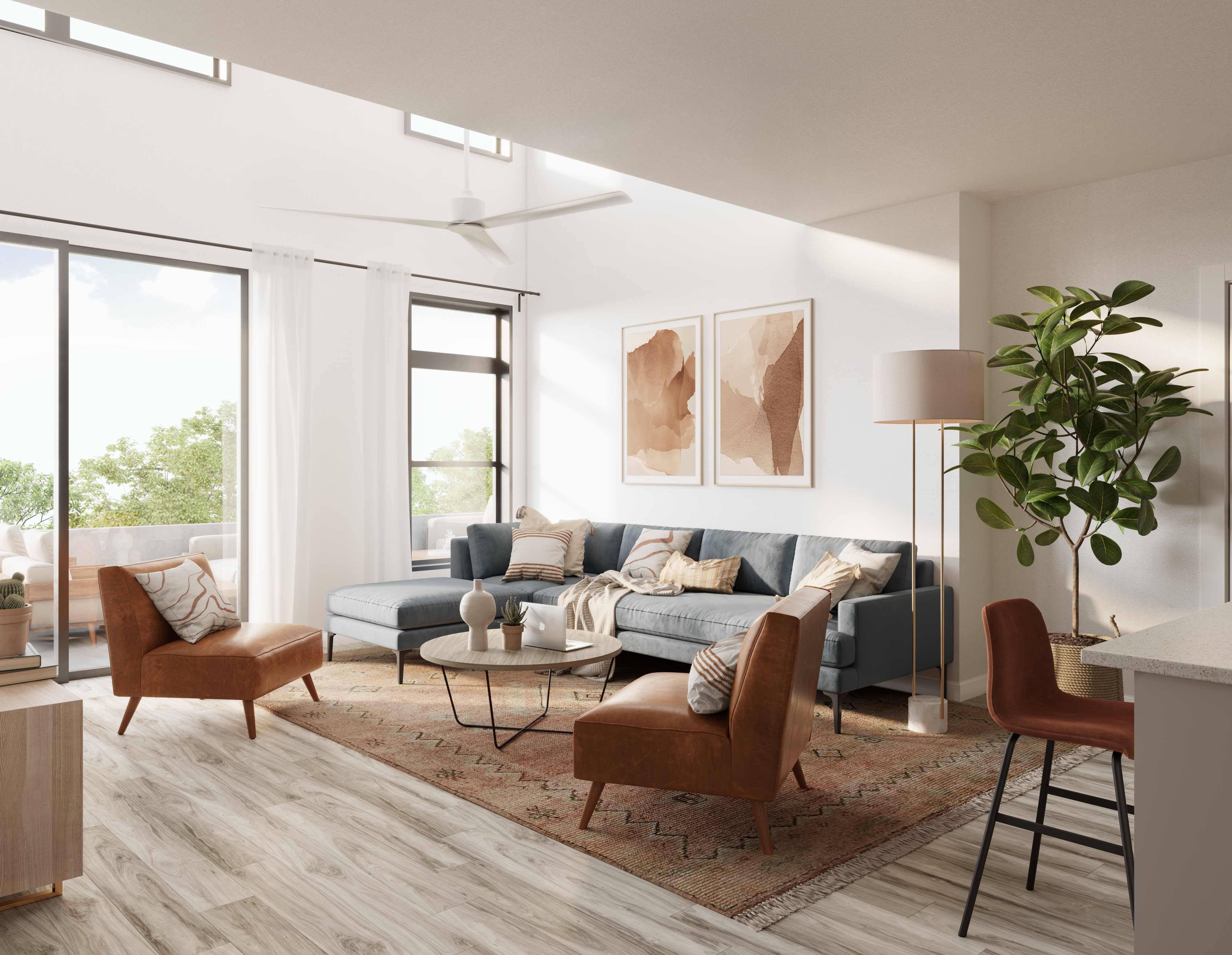 Rendering of living area at Rambler in West Campus Austin..