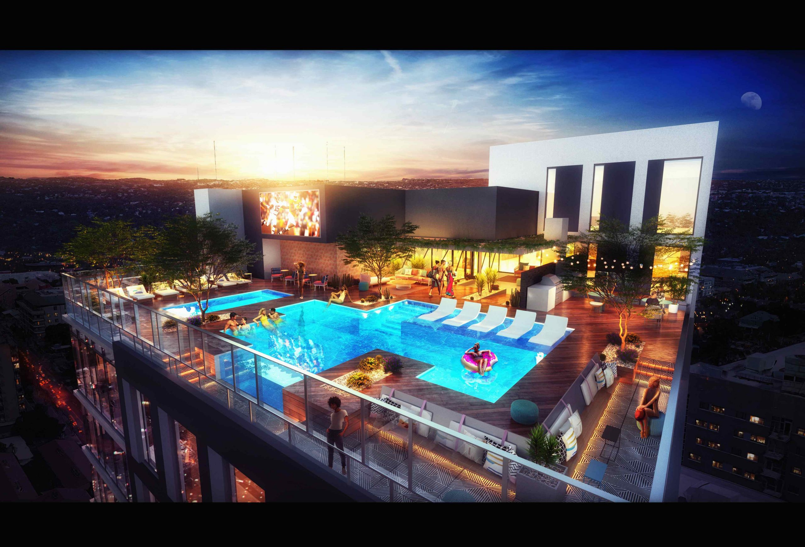 Pool deck at Waterloo Tower, a student housing apartment in West Campus.