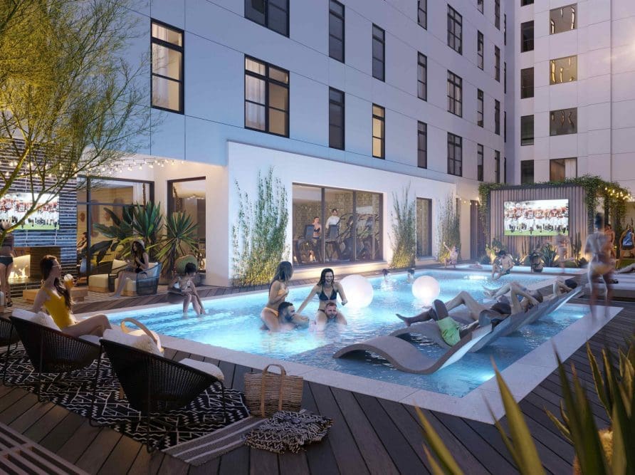 Courtyard pool deck at Rambler, student housing apartment complex in West Campus.