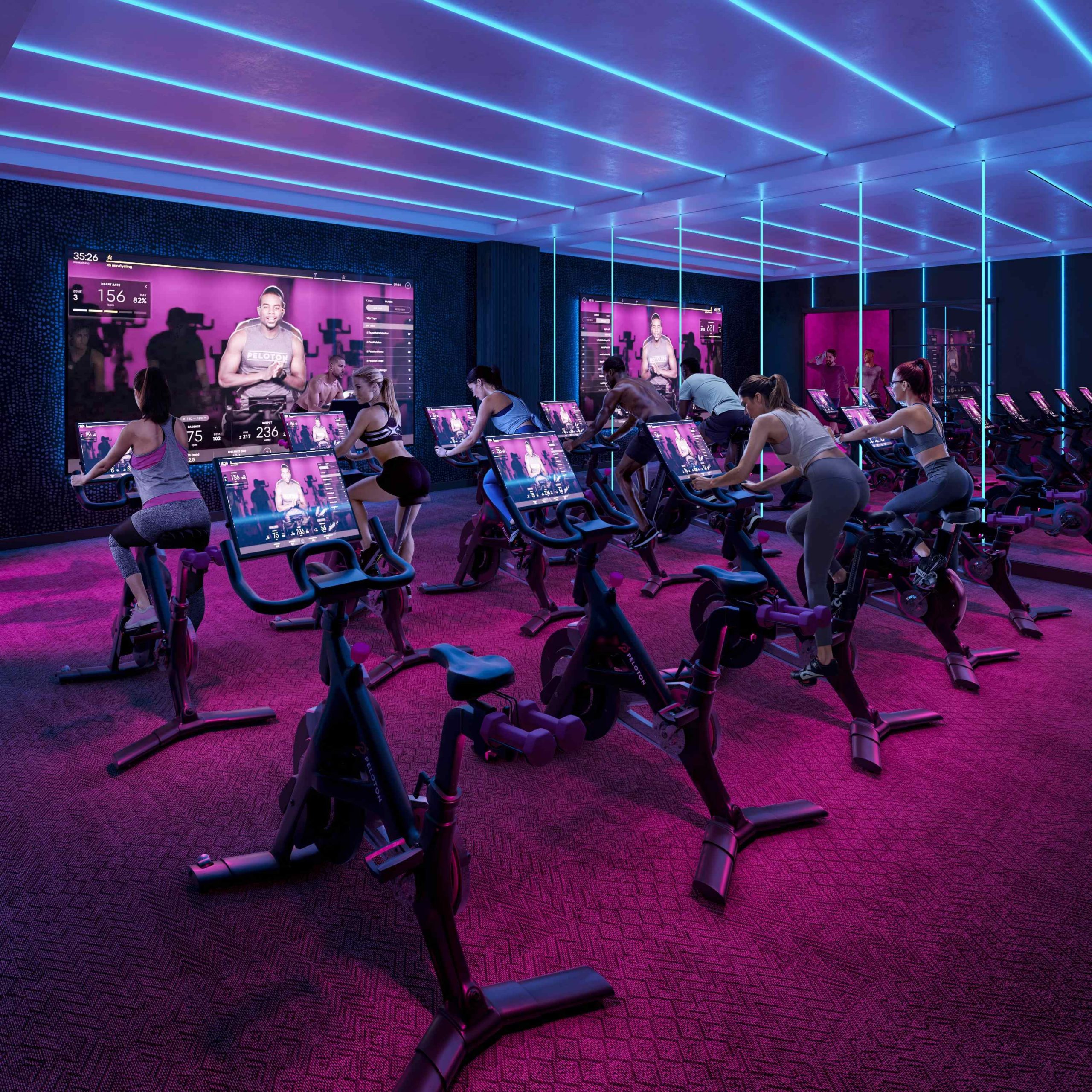 Spin studio at Rambler, a student housing apartment complex in Austin, TX.