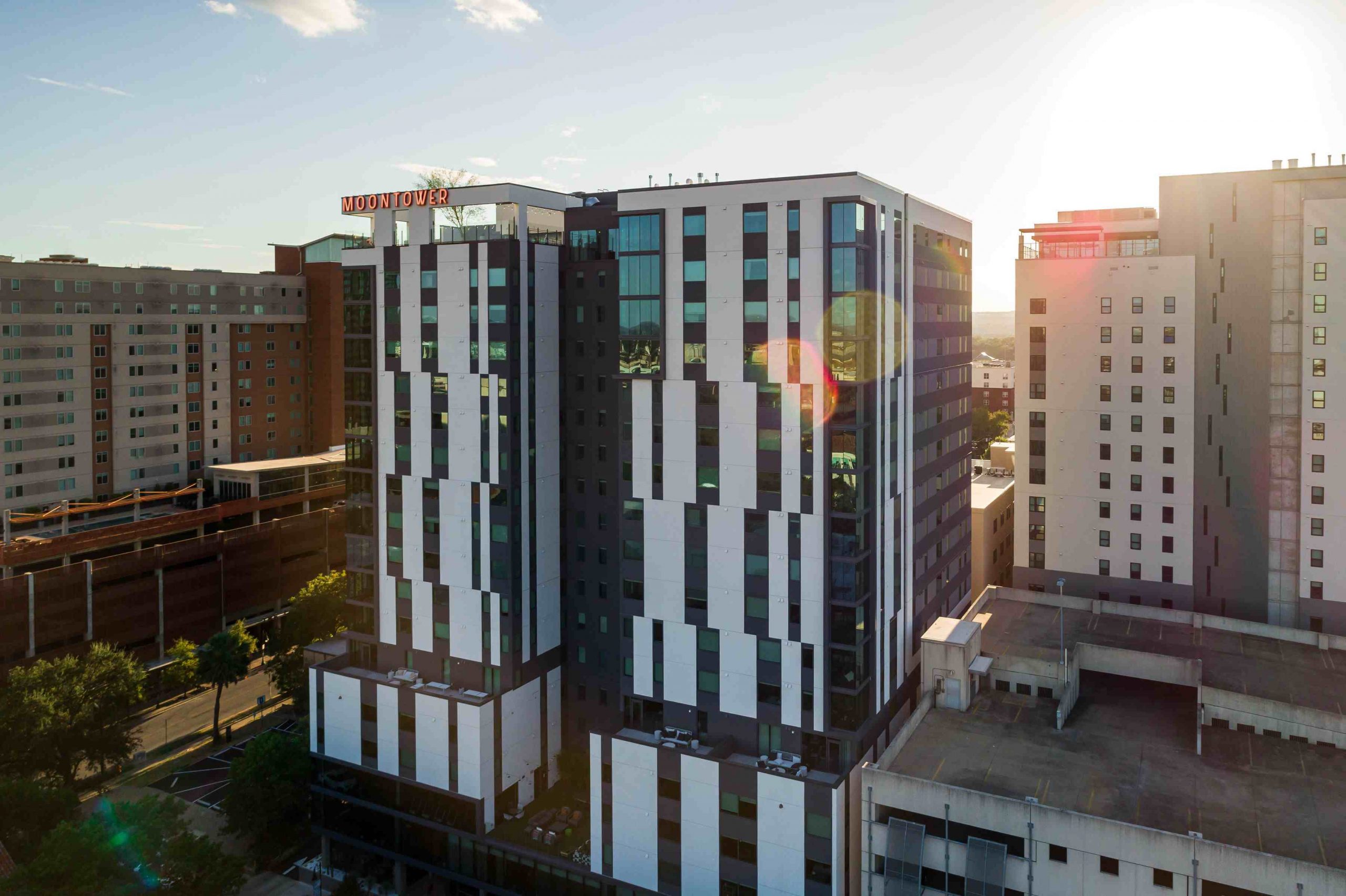 Exterior rendering of student housing apartment, Moontower, in West Campus Austin.