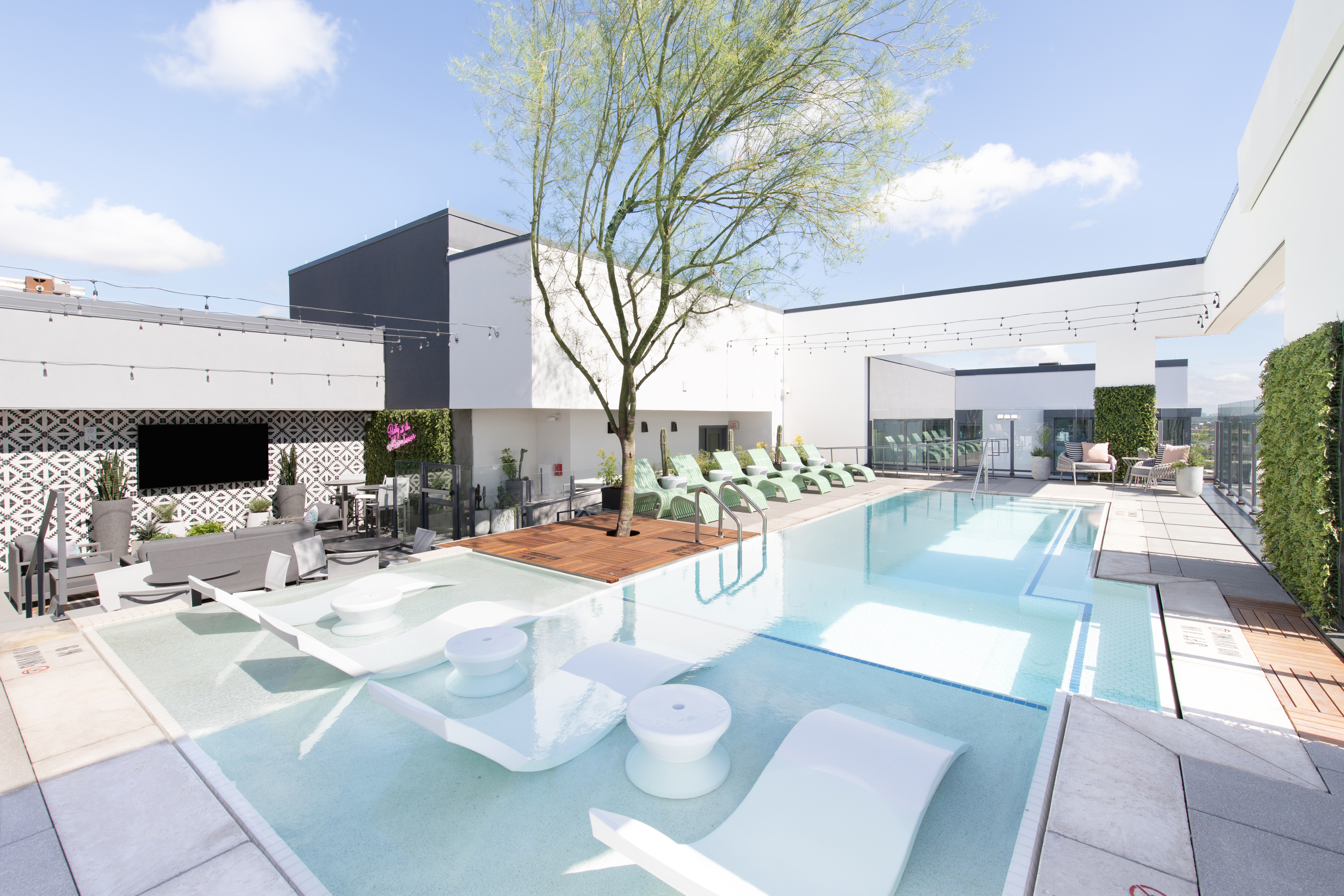 Pool deck at Moontower, a student housing apartment complex in Austin, TX.