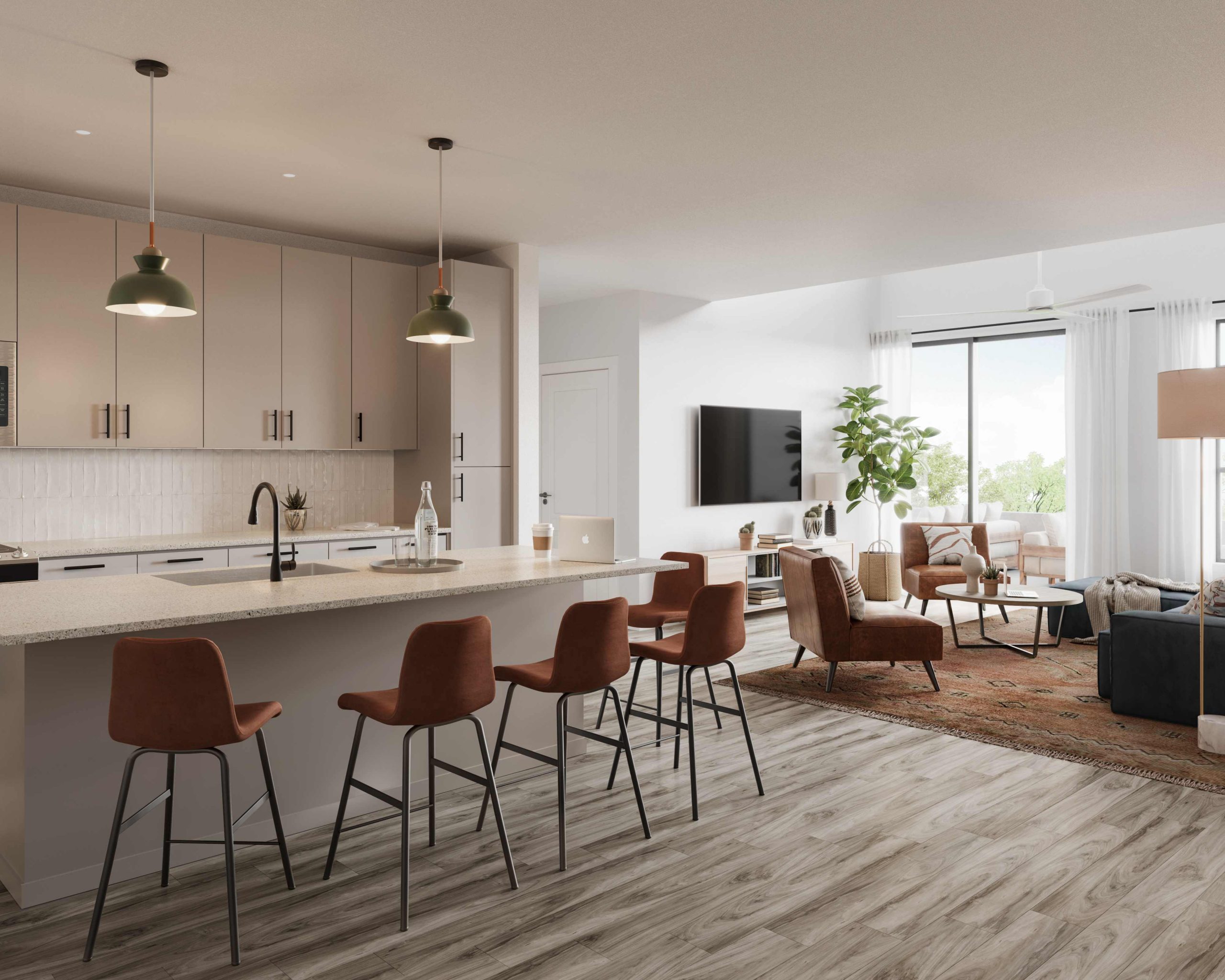 Living and kitchen area at Rambler, a student housing apartment in West Campus.