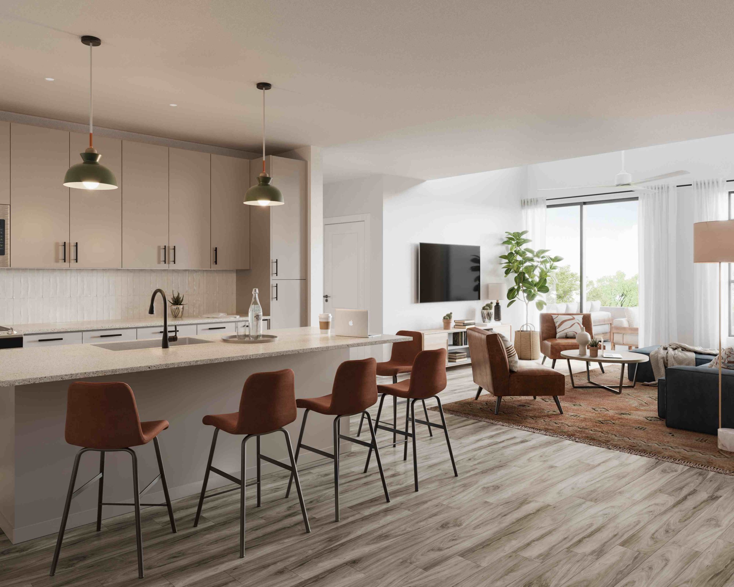 Fully furnished kitchen and living area at Rambler, student housing apartment in West Campus Austin.
