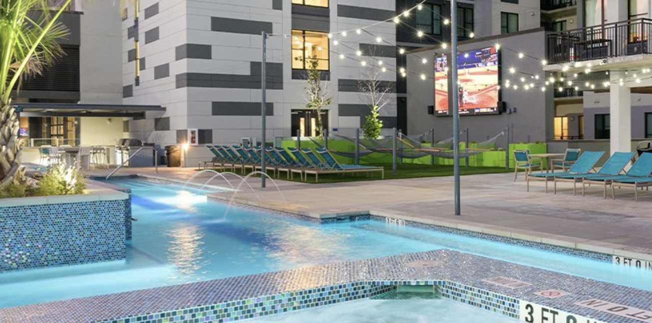 Pool deck at the Standard, a student housing apartment complex in West Campus Austin.