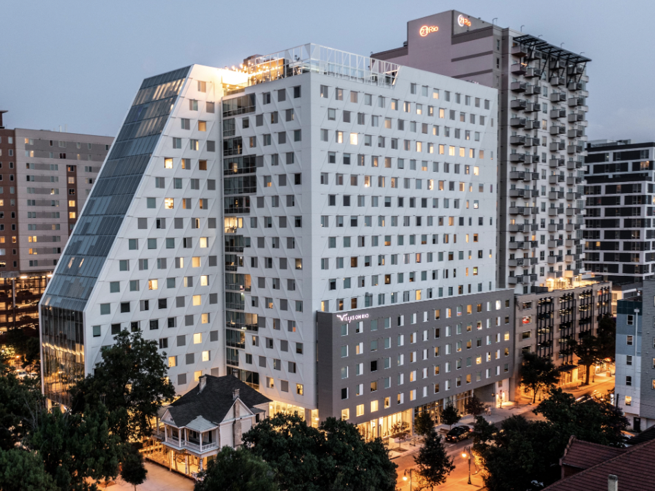 Exterior rendering of Villas on Rio, a student housing apartment in West Campus Austin.