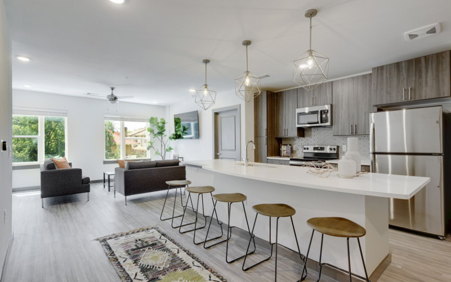 Living and Kitchen area at Ruckus on Rio student apartments in West Campus Austin.