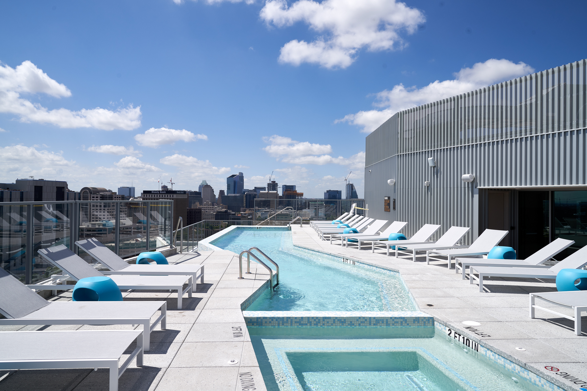 Pool deck at student apartment complex, Torre, in West Campus.