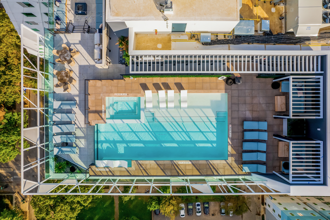 Pool deck at Villas on Rio, a student apartment complex in West Campus.