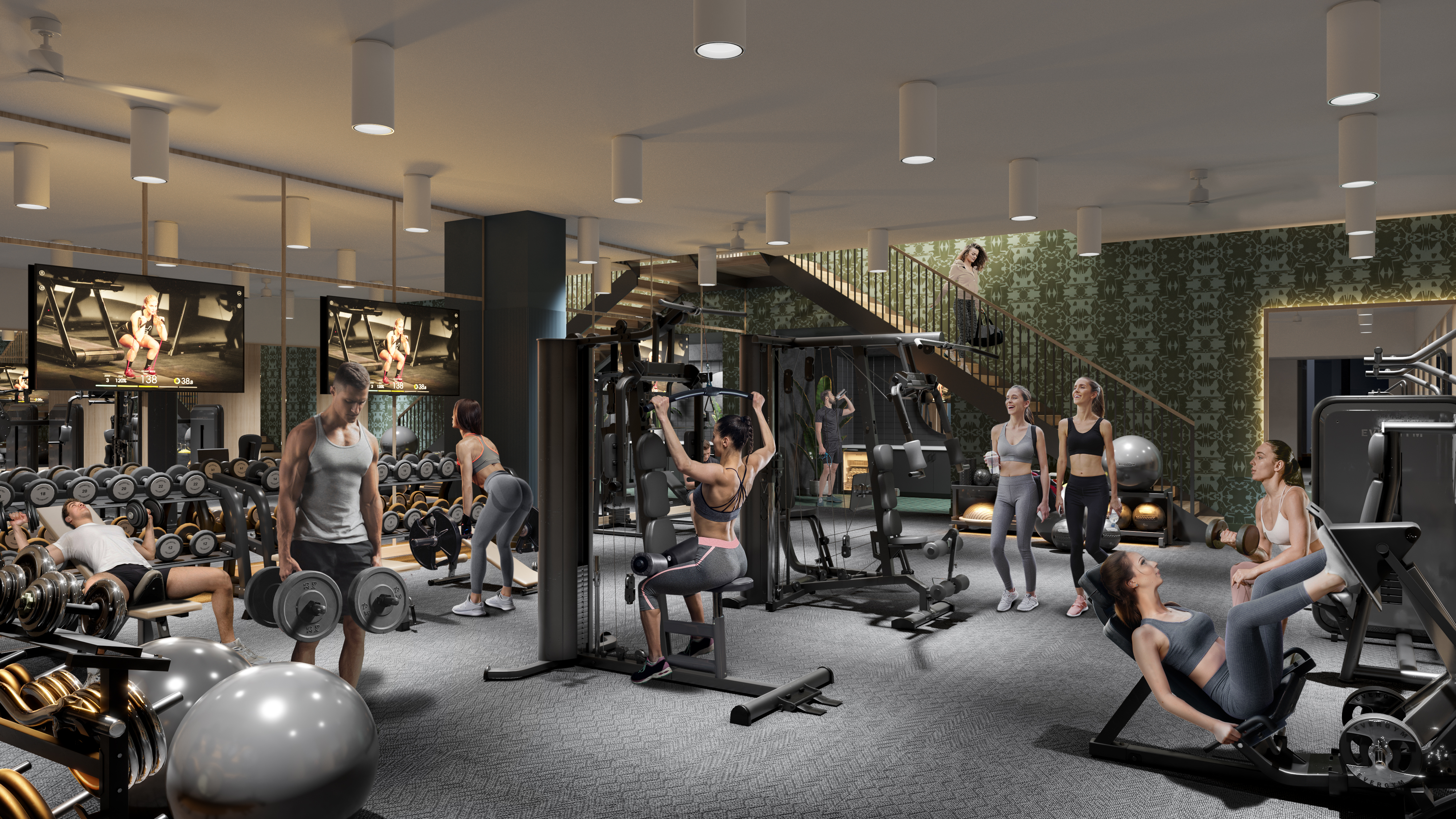 Rendering of a fitness center at Rambler, a student housing apartment in West Campus Austin, TX.