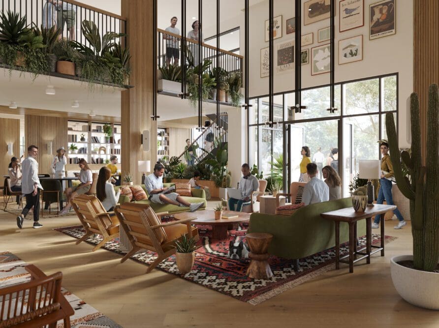 Rambler's lobby and mezzanine space in West Campus Austin.