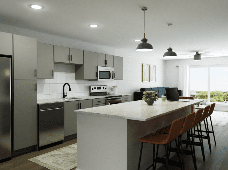 Representative rendering of kitchen area at Rambler in West Campus Austin.