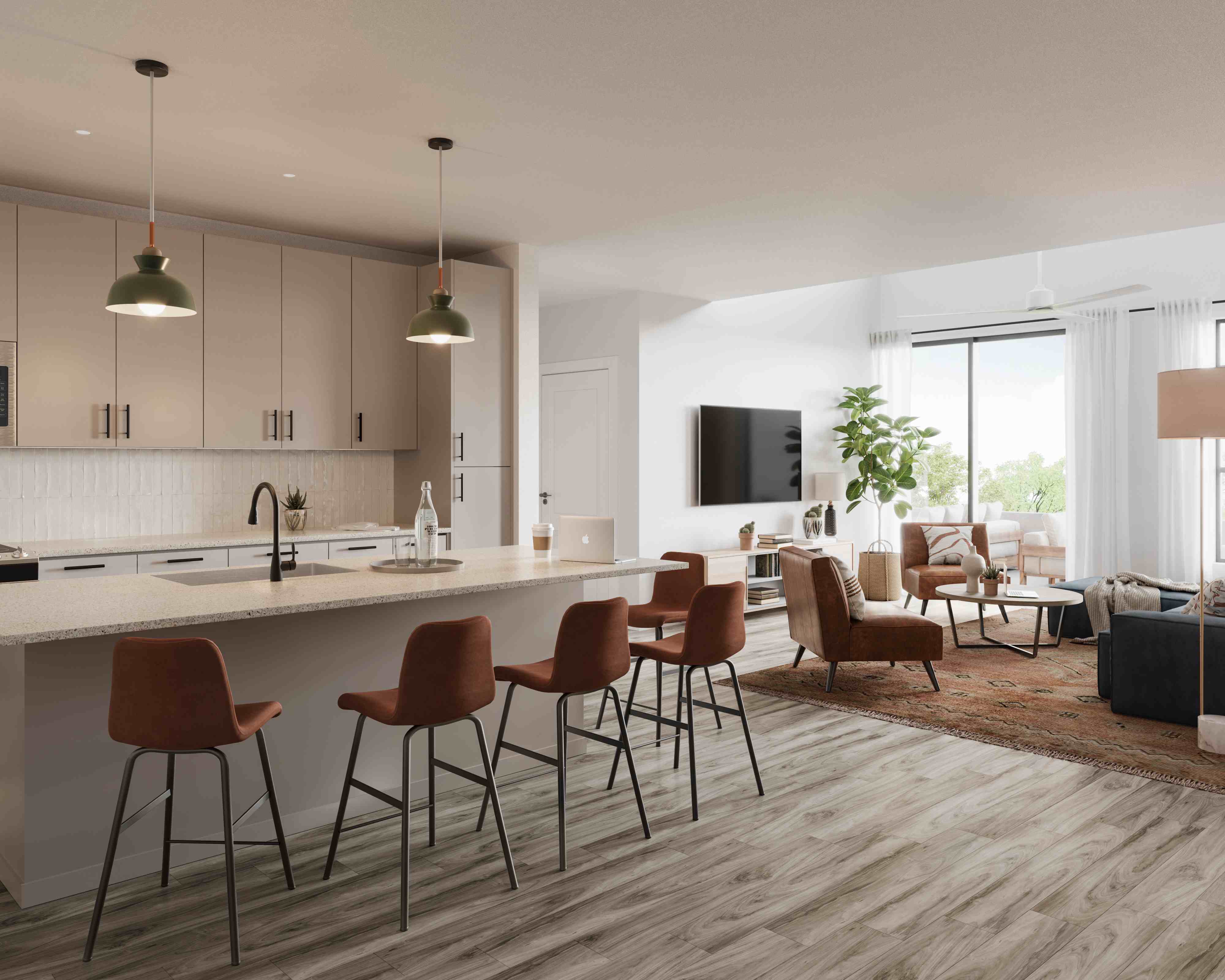 Representative rendering of The Oasis' kitchen and living area.