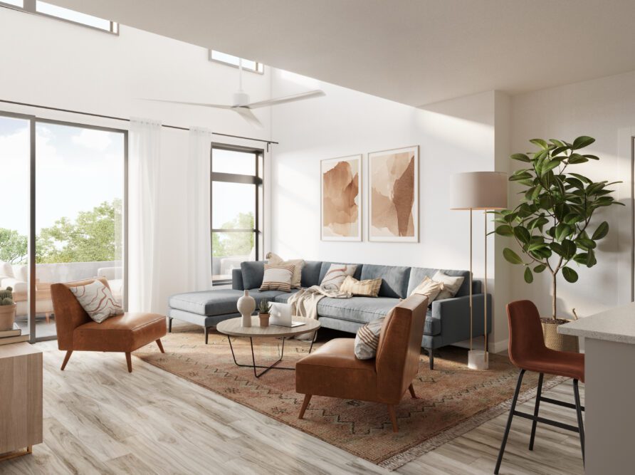 Representative rendering of living rooms at Rambler. Pictured here is The Oasis.