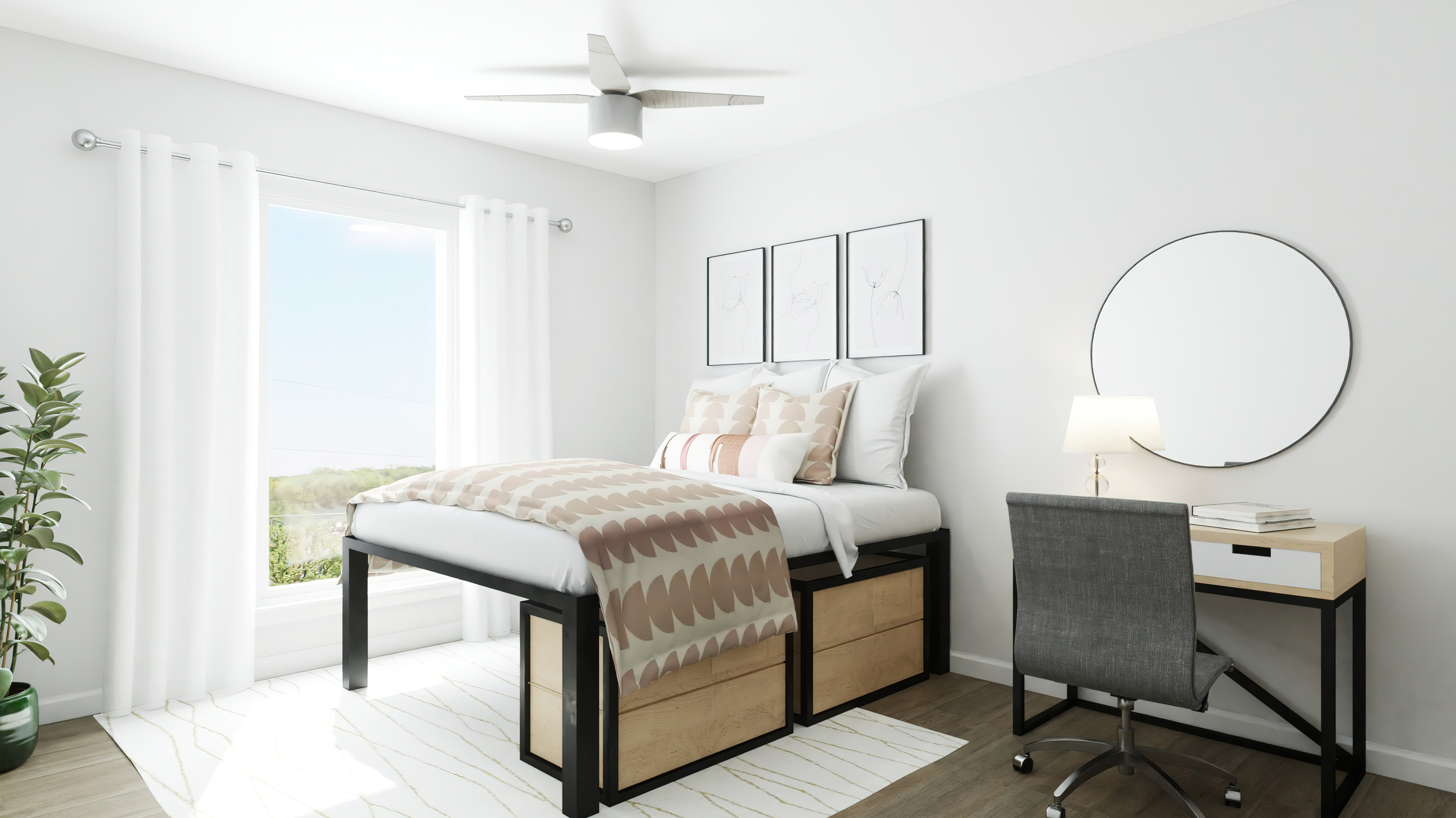 Representative rendering of bedrooms at Rambler, featuring a pillow-top mattress and two under-bed/stackable dresser drawers.