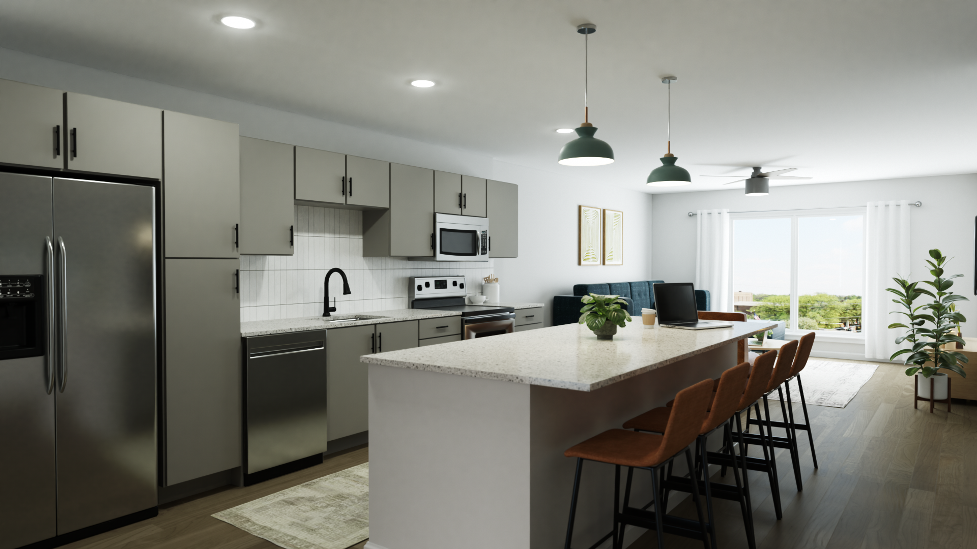 Representative rendering of kitchen areas at Rambler, featuring tile backsplash, stainless steel appliances and quartz countertops.